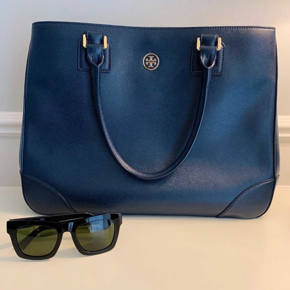 Navy Tory Burch Robinson East/West Tote Handbag
